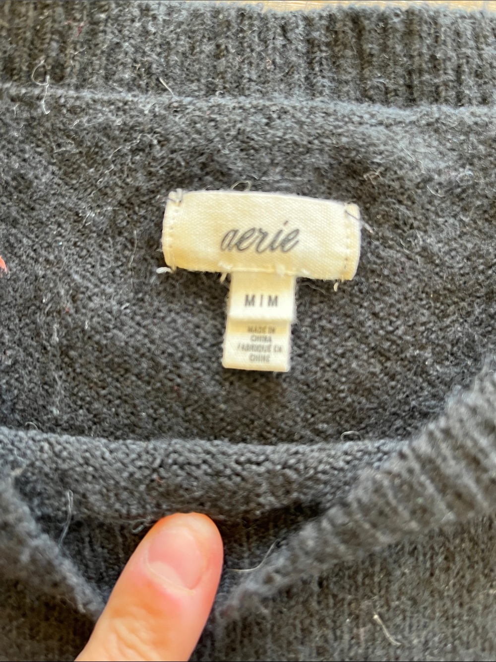 aerie Black Cropped Crewneck Sweater with Distressed Hem - Picture 3 of 5
